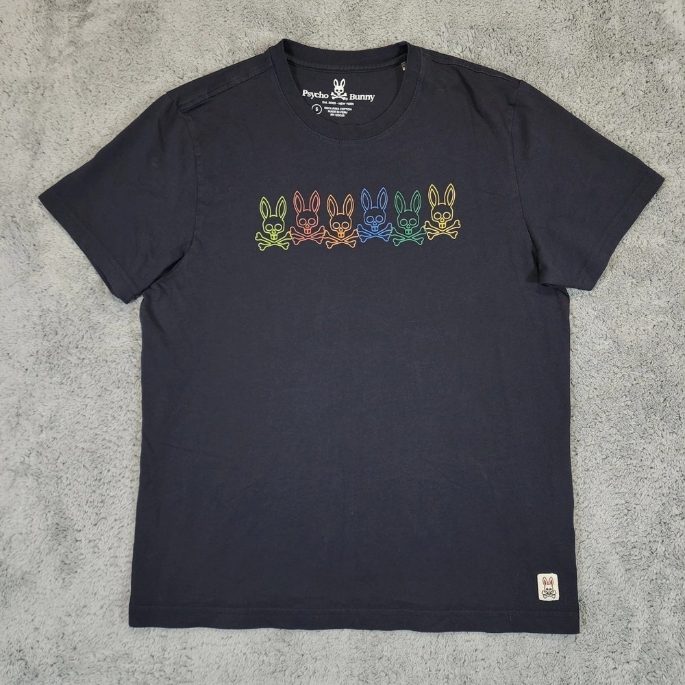 Psycho Bunny Graphic T-Shirt Mens Medium 5 Black Neon Rainbow Pima Cotton Tee